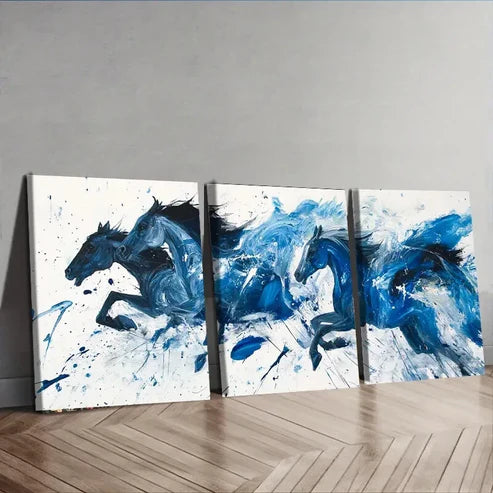 3pcs Black & Blue Horses Painting Décor Wall Art Set Canvas Unframed - High Quality Print 100% Australian Made Wall Canvas - Bella Home Decor