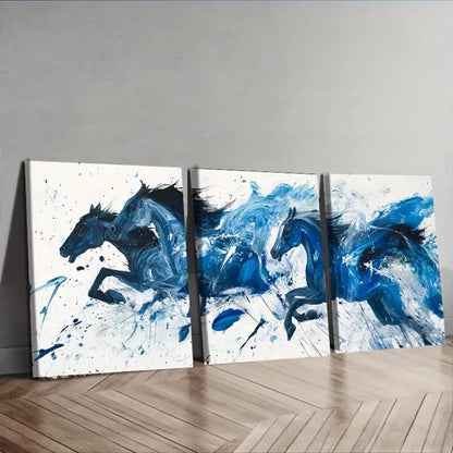 3pcs Black & Blue Horses Painting Décor Wall Art Set Canvas Unframed - High Quality Print 100% Australian Made Wall Canvas - Bella Home Decor