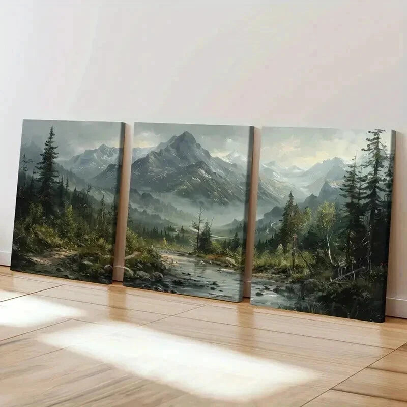 3pcs Mountain Landscape Forest Stream Wall Art Set Canvas Framed 50x70cm - High Quality Print 100% Australian Made Wall Canvas Ready to Hang - Bella Home Decor