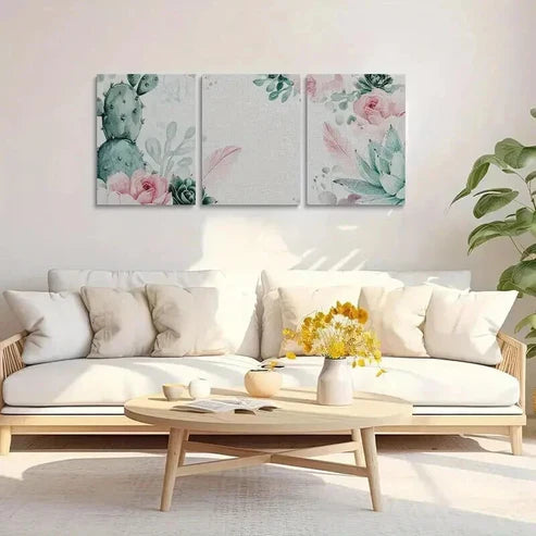 3pcs Watercolor Green Cactus and Pink Flowers Wall Art Canvas Unframed - High Quality Print 100% Australian Made Wall Canvas