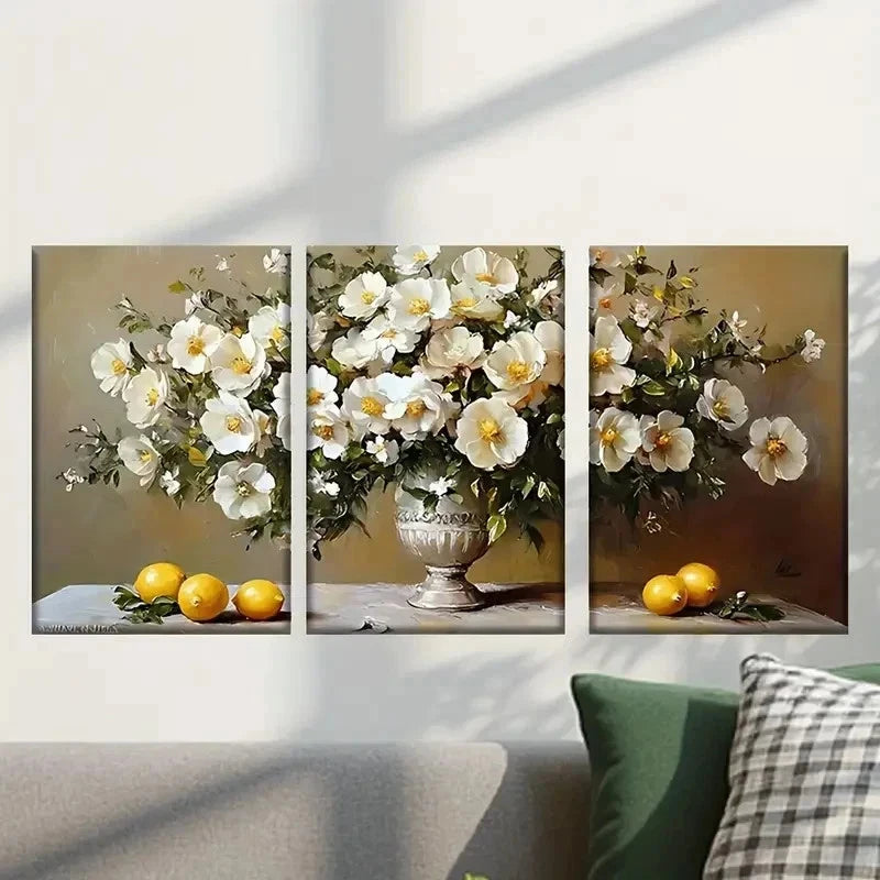 3pcs Vase of Flowers And Lemons Painting Wall Art Set Canvas Framed 50x70cm - High Quality Print 100% Australian Made Wall Canvas Ready to Hang