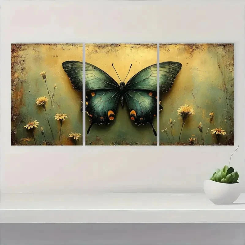 3pcs Green Butterfly & Floral  GGB Wall Art Set Canvas Framed 40x60cm - High Quality Print 100% Australian Made Wall Canvas Ready to Hang