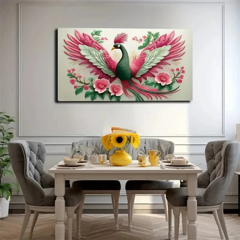 Elegant Phoenix Bird Green Wall Art Canvas Office Home Room Framed 120x60cm