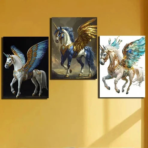 3pcs Golden Winged Horse Triptych Wall Art Canvas Unframed – High Quality Print 100% Australian Made Wall Canvas - Bella Home Decor