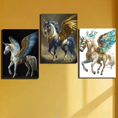 3pcs Golden Winged Horse Triptych Wall Art Canvas Unframed – High Quality Print 100% Australian Made Wall Canvas - Bella Home Decor