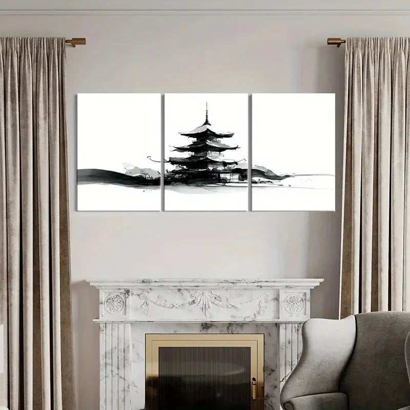 3pcs Black & White Abstract Pagoda Ink Painting Wall Art Set Canvas Framed 40x60cm - High Quality Print 100% Australian Made Wall Canvas Ready to Hang - Bella Home Decor