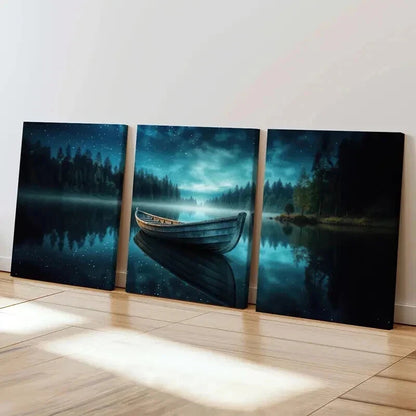 3pcs Tranquil Lake Starry Night Wooden Boat Wall Art Set Canvas Framed 50x70cm - High Quality Print 100% Australian Made Wall Canvas Ready to Hang - Bella Home Decor