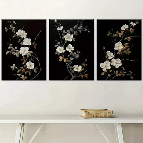 3pcs Modern Dark Simple Style Natural Flower Art Set Canvas Unframed - High Quality Print 100% Australian Made Wall Canvas