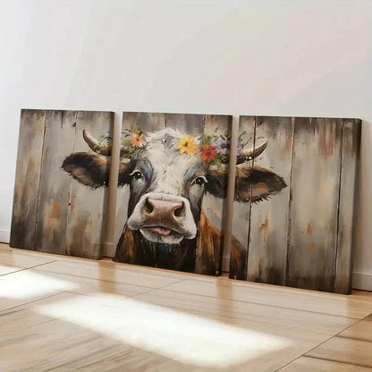 3pcs Farmhouse Cow Farm Animals Rustic Wall Art Set Canvas Framed 50x70cm - High Quality Print 100% Australian Made Wall Canvas Ready to Hang