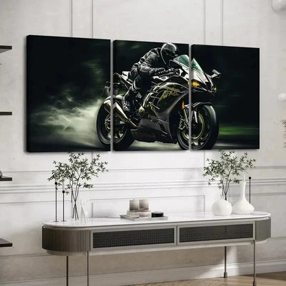 3pcs Dynamic Rider & Green Motorcycle Perfect Wall Art Set Canvas Framed 50x70cm - High Quality Print 100% Australian Made Wall Canvas Ready to Hang - Bella Home Decor