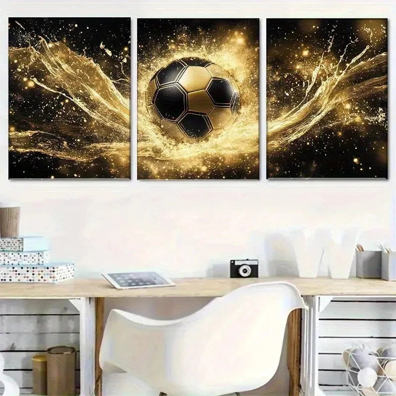 3pcs Golden Soccer with Black & Golden Football Metal Print Ready to Hang Art - Bella Home Decor