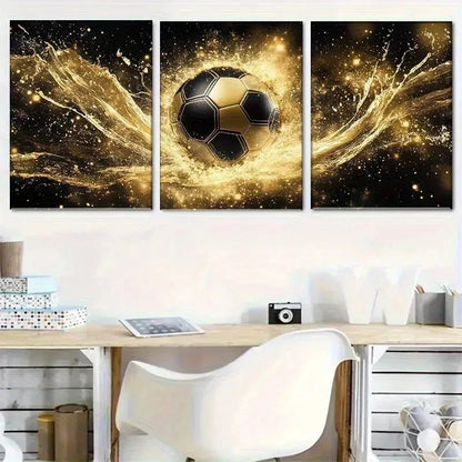 3pcs Golden Soccer with Black & Golden Football Metal Print Ready to Hang Art - Bella Home Decor