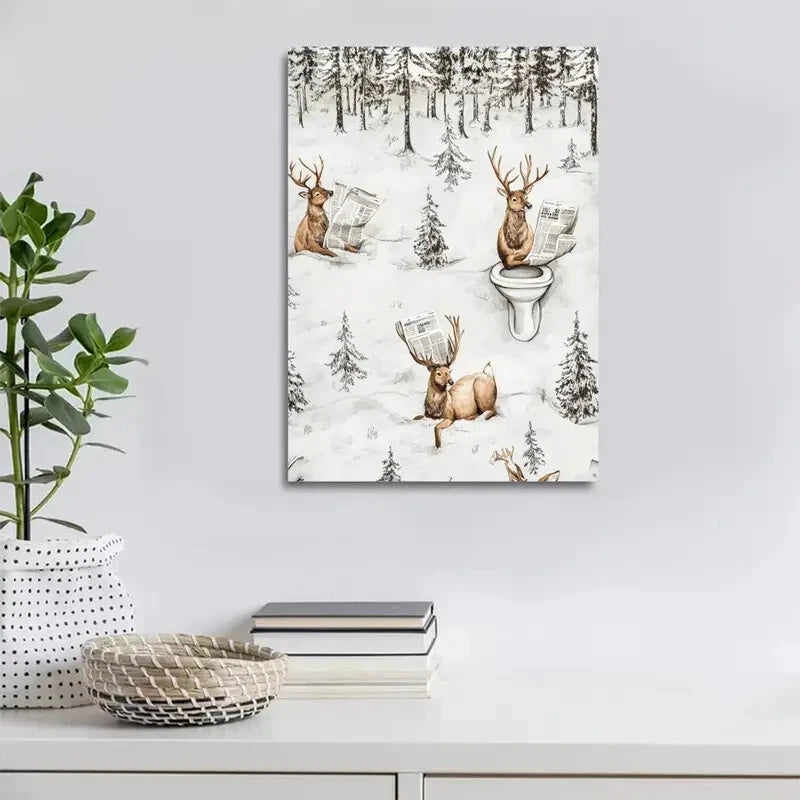 Quirky Newspaper Reading Deer Painting 40x60cm Metal Print Ready to Hang - Bella Home Decor