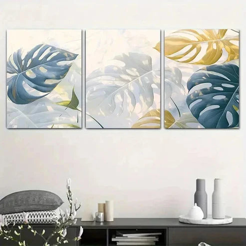3pcs Abstract Geometric Golden & Blue Leaf Unframed - High Quality Print 100% Australian Made Wall Canvas - Bella Home Decor