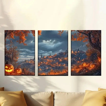 3pcs Halloween Theme with Pumpkins And Castle Wall Art Set Canvas Framed 40x60cm - High Quality Print 100% Australian Made Wall Canvas Ready to Hang