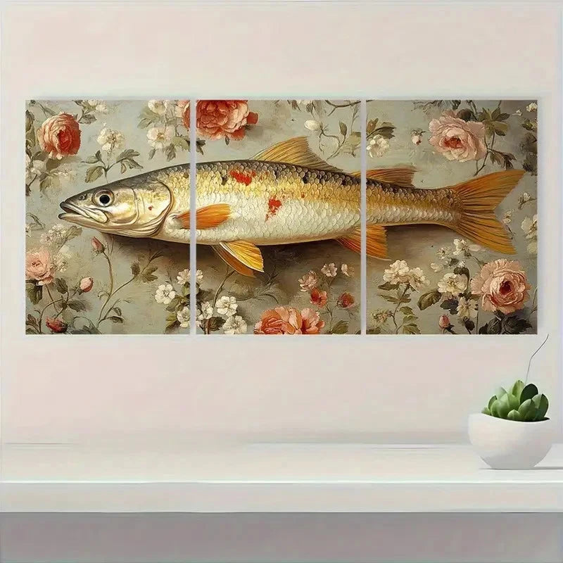 3pcs Vintage Fish Antique Inspired Botanical & Wall Art Set Canvas Framed 60x90cm - High Quality Print 100% Australian Made Wall Canvas Ready to Hang