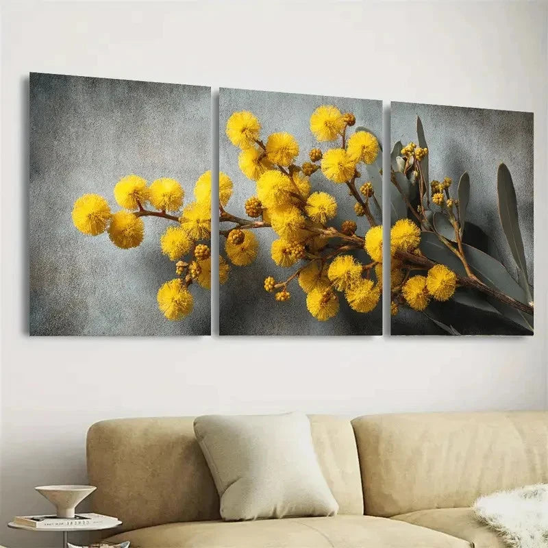3pcs Acacia Flower Yellow Print Wall Art Set Canvas Framed 40x60cm - High Quality Print 100% Australian Made Wall Canvas Ready to Hang - Bella Home Decor