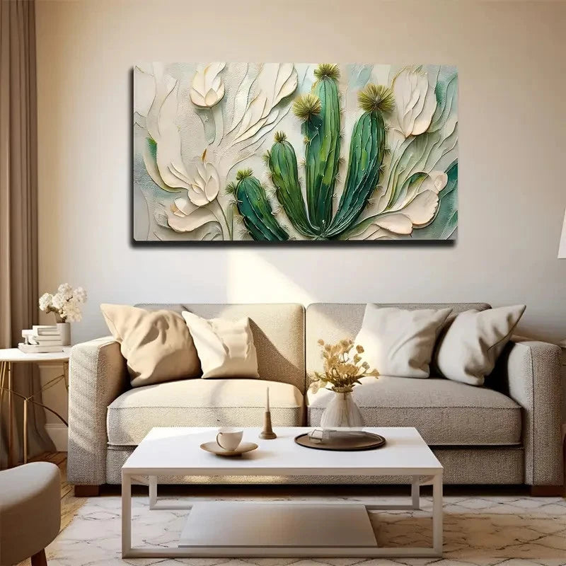 Vibrant Cactus and Floral Wall Art canvas office home room framed 120x60cm