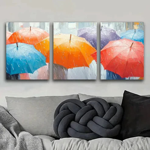 3pcs A Painting of Umbrellas in the Rain Wall Art Set Canvas Unframed - High Quality Print 100% Australian Made Wall Canvas - Bella Home Decor