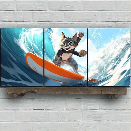 3pcs The Cat on The Surfboard Metal Print Ready to Hang Art