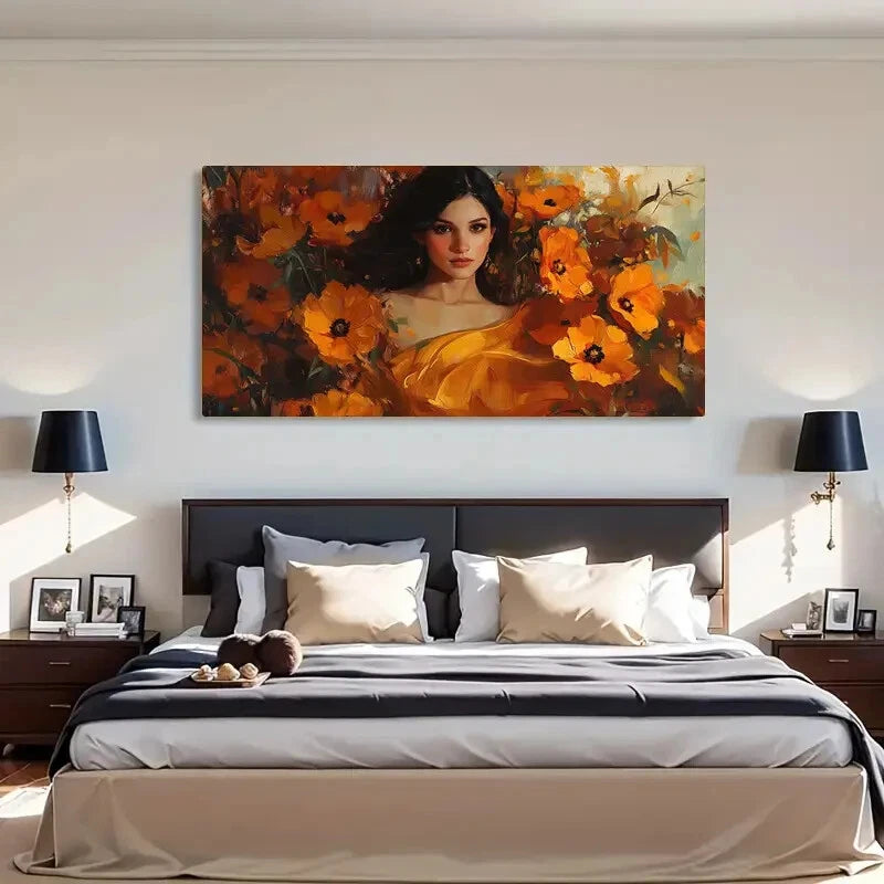 Vibrant Poppies Woman Portrait Wall Art Canvas Office Home Room Framed 120x60cm - Bella Home Decor