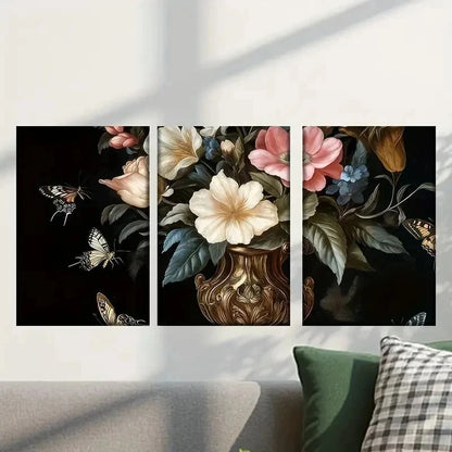 3pcs Flowers in a Vase with Butterflies Wall Art Set Canvas Framed 40x60cm - High Quality Print 100% Australian Made Wall Canvas Ready to Hang - Bella Home Decor