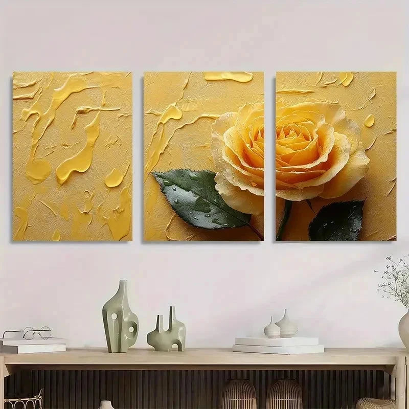 3pcs Yellow Rose Aesthetic Décor Perfect Wall Art Set Canvas Framed 50x70cm - High Quality Print 100% Australian Made Wall Canvas Ready to Hang