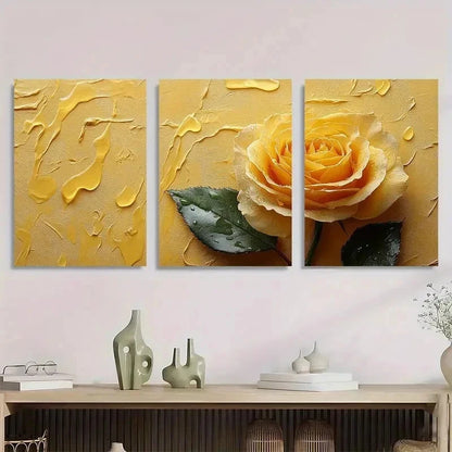 3pcs Yellow Rose Aesthetic Décor Perfect Wall Art Set Canvas Framed 50x70cm - High Quality Print 100% Australian Made Wall Canvas Ready to Hang