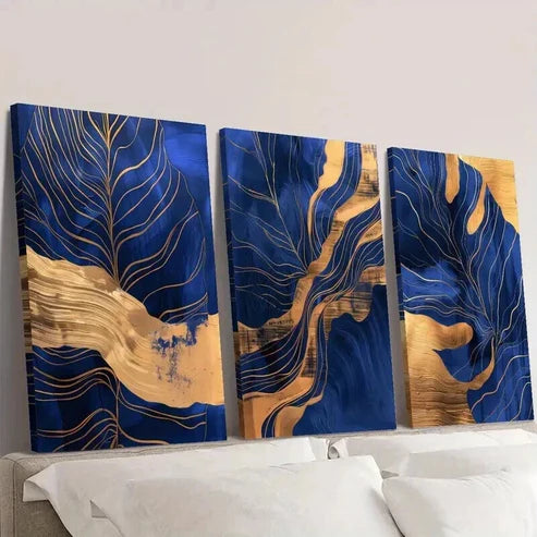 3pcs Blue and Golden Leaf and Turtle Design Wall Art Canvas Unframed - High Quality Print 100% Australian Made Wall Canvas - Bella Home Decor