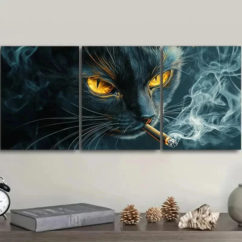 3pcs A Black Cat with Yellow Eyes Smoking Wall Art Set Canvas Framed 40x60cm - High Quality Print 100% Australian Made Wall Canvas Ready to Hang - Bella Home Decor