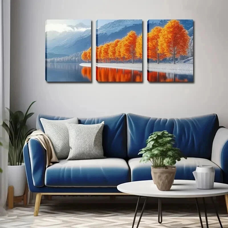 3pcs Row Of Trees By The Lake Triptych Perfect Wall Art Set Canvas Framed 50x70cm - High Quality Print 100% Australian Made Wall Canvas Ready to Hang - Bella Home Decor