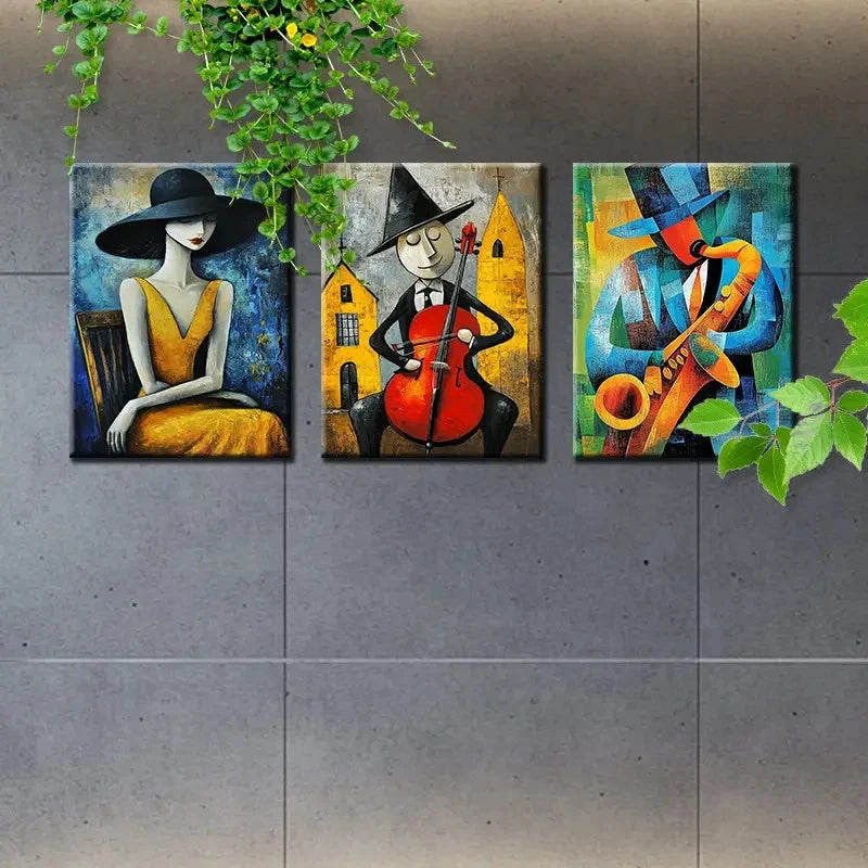 3pcs Vibrant Woman, Guitarist, and Colorful ABS Wall Art Canvas Framed 40x60cm - High Quality Print 100% Australian Made Wall Canvas Ready to Hang
