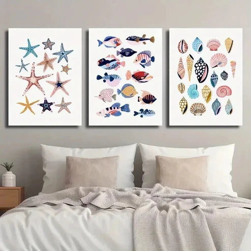 3pcs Starfish Shells And Tropical Fish Wall Art Set Canvas Unframed - High Quality Print 100% Australian Made Wall Canvas