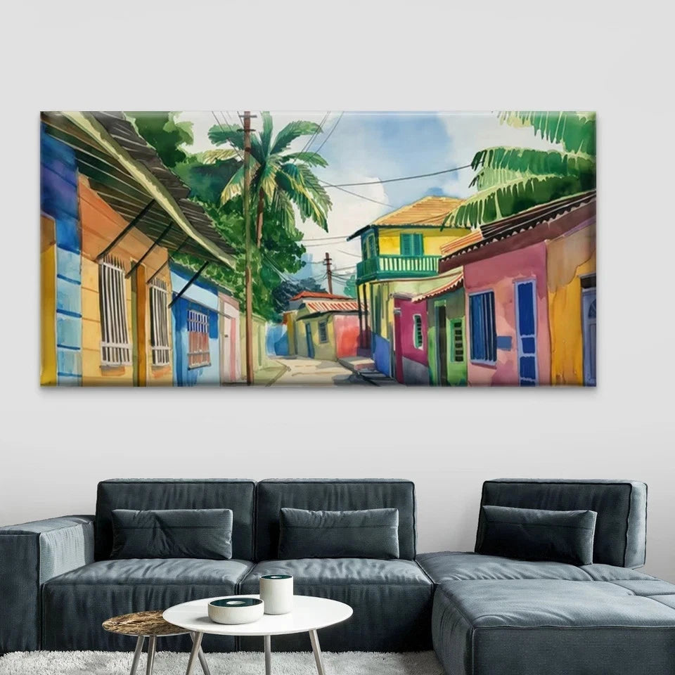 Caribbean-Style Tropical Street Wall Art Canvas Office Home Room Framed 120x60cm