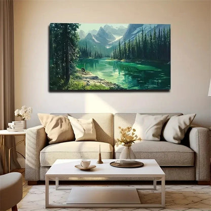 Vibrant Mountain Lake Scene Wall Art Canvas Office Home Room Framed 120x60cm