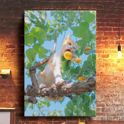 Curious Cat in Apricot Tree Metal Print Ready to Hang