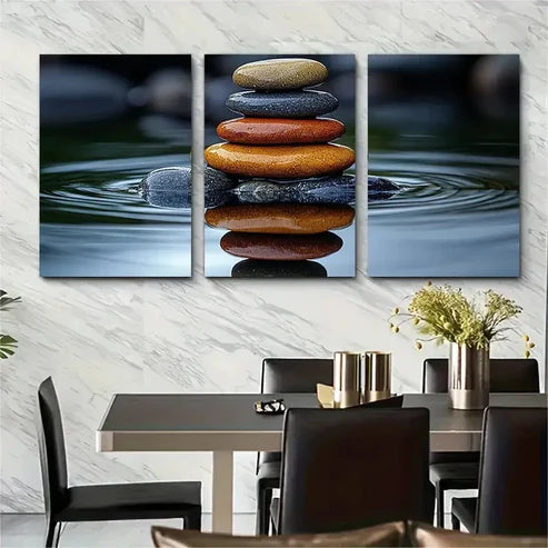 3pcs Stones In Water With Reflection Perfect Wall Art Set Canvas Unframed - High Quality Print 100% Australian Made Wall Canvas