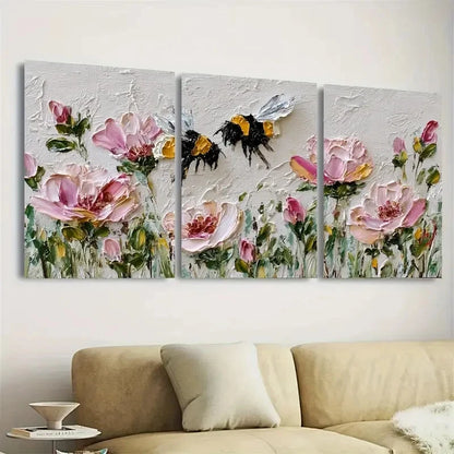 3pcs Bumblebee Art Pink Rose Flower Wall Art Set Canvas Framed 50x70cm - High Quality Print 100% Australian Made Wall Canvas Ready to Hang - Bella Home Decor