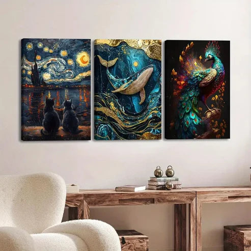3pcs Vibrant Animal Moon Cat Scene Peacock Fish Wall Art Set Canvas Unframed - High Quality Print 100% Australian Made Wall Canvas