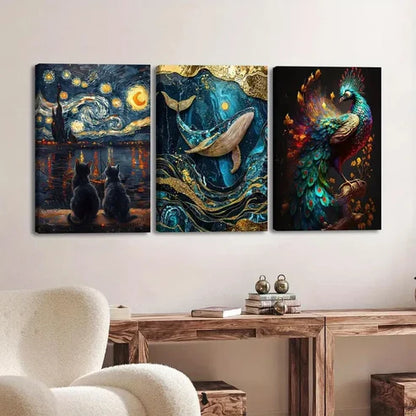 3pcs Vibrant Animal Moon Cat Scene Peacock Fish Wall Art Set Canvas Unframed - High Quality Print 100% Australian Made Wall Canvas