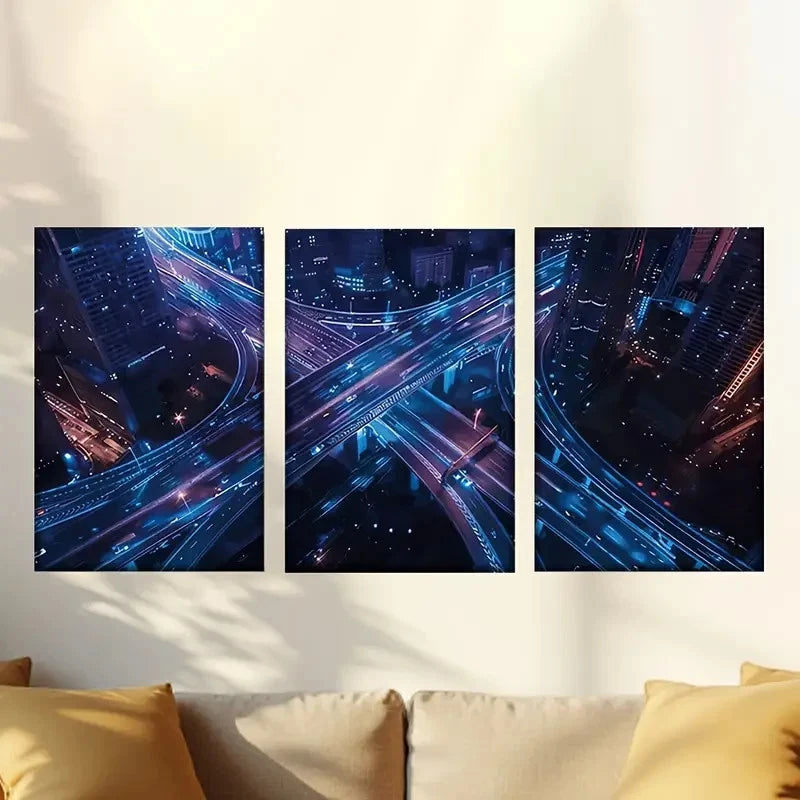 3pcs Night Cityscape with Blue & Purple Lights 50x70cm - High Quality Print 100% Australian Made Wall Canvas Ready to Hang