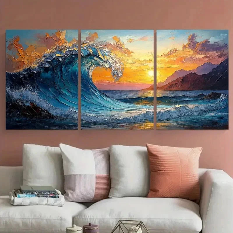 3pcs Ocean Wave Bright Textured Sunset Perfect Wall Art Set Canvas Framed 40x60cm - High Quality Print 100% Australian Made Wall Canvas Ready to Hang