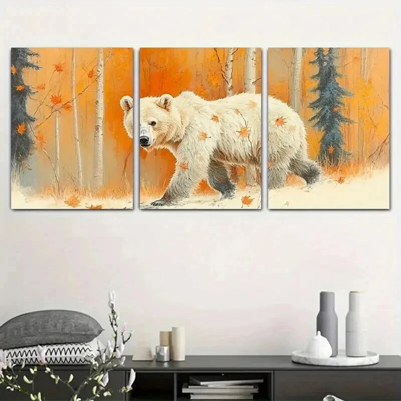 3pcs Bear in a Autumn Falling Leaves Forest Wall Art Set Canvas Framed 50x70cm - High Quality Print 100% Australian Made Wall Canvas Ready to Hang
