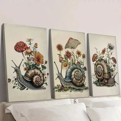 3pcs Vintage Snail Flower Mushroom Wall Art Canvas Unframed - High Quality Print 100% Australian Made Wall Canvas