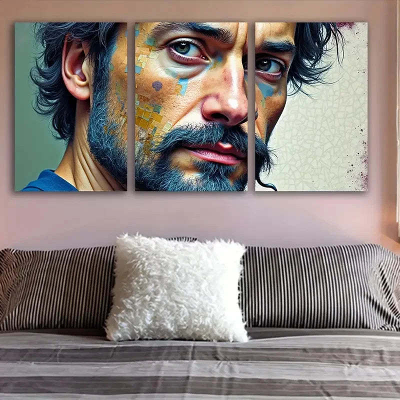 3pcs Bearded Man With Abstract Splatter Design Wall Art Set Canvas Framed 40x60cm - High Quality Print 100% Australian Made Wall Canvas Ready to Hang - Bella Home Decor