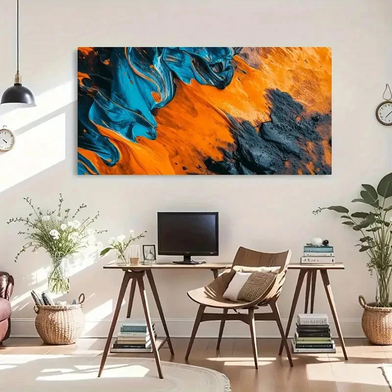 Teal & Orange Swirling Abstract Wall Art Canvas Office Home Room Framed 120x60cm - Bella Home Decor