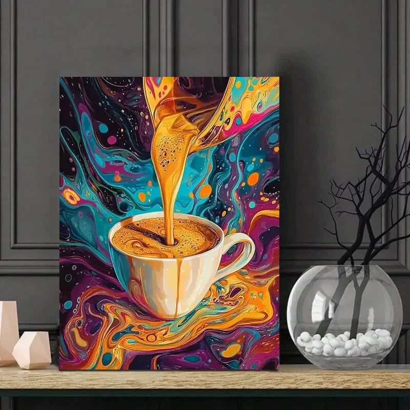 Cup Of Coffee Pouring, With a Psychedelic, Swirling 40x60cm Metal Print Ready to Hang