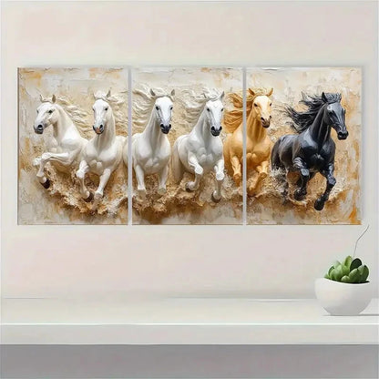 3pcs Seven Lucky Running Wild Horses U Wall Art Set Canvas Framed 50x70cm - High Quality Print 100% Australian Made Wall Canvas Ready to Hang