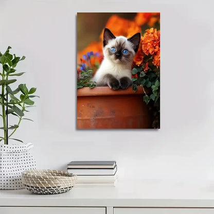 Cute Siamese Kitten with Flowers & Plants Painting 40x60cm Metal Print Ready to Hang