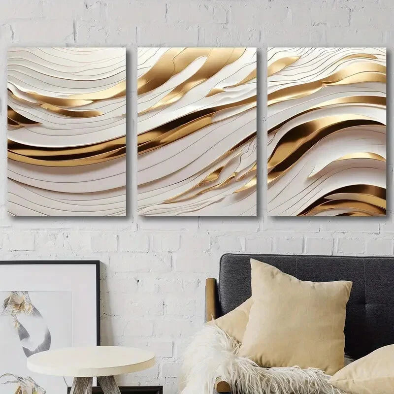 3pcs White Golden Wave Lines Creative Perfect Wall Art Set Canvas Framed 40x60cm - High Quality Print 100% Australian Made Wall Canvas Ready to Hang - Bella Home Decor
